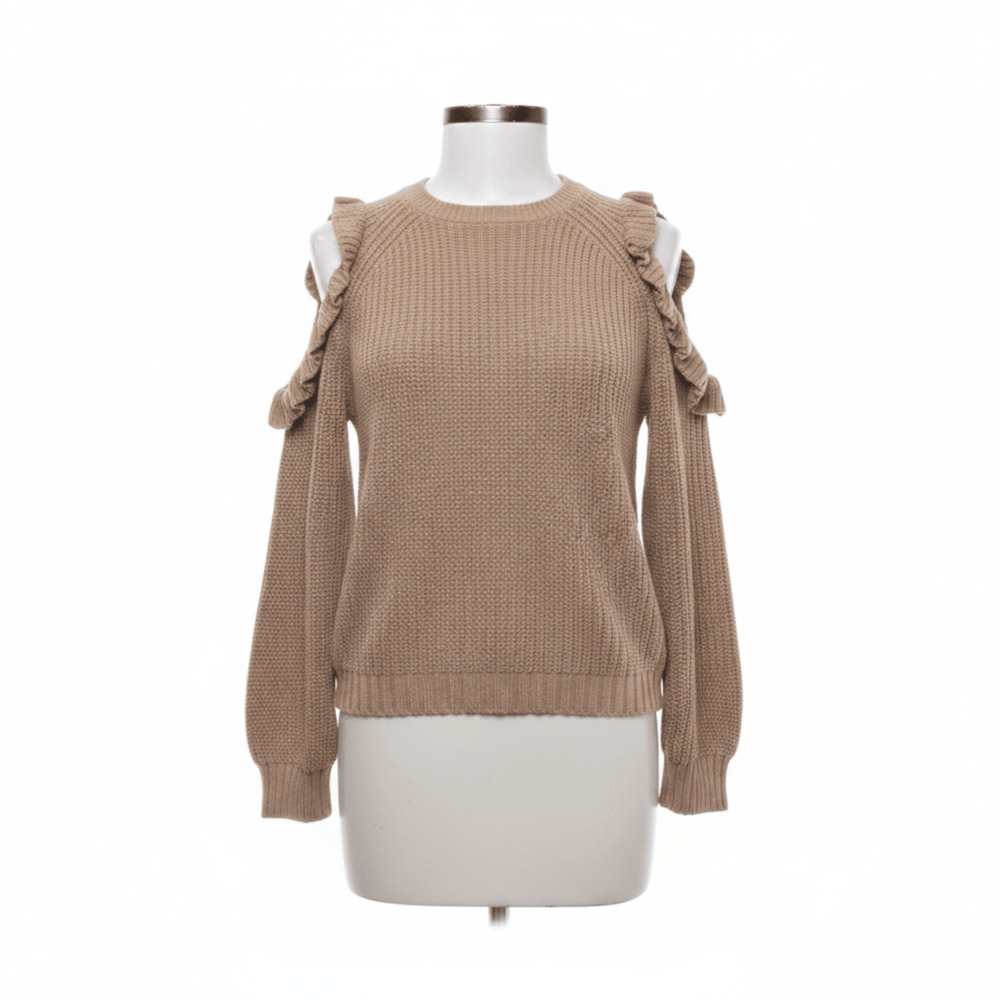 Tan Lightweight Knit Sweater Womens Small Slit Sleeve Detail Crew Neck